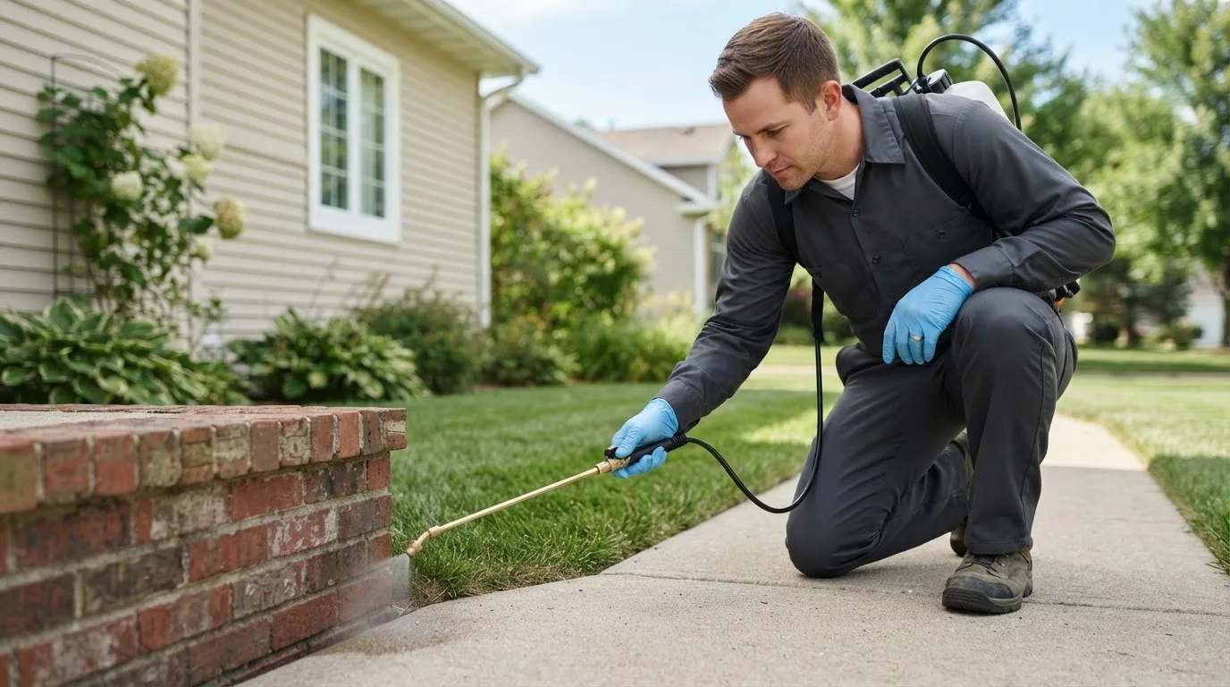 Pest control technician treating a home near Granby, MA
